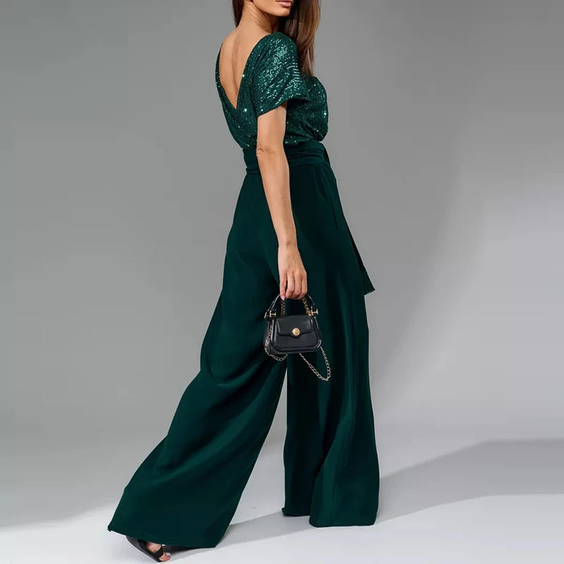 Jumpsuit met glitter top en wide leg